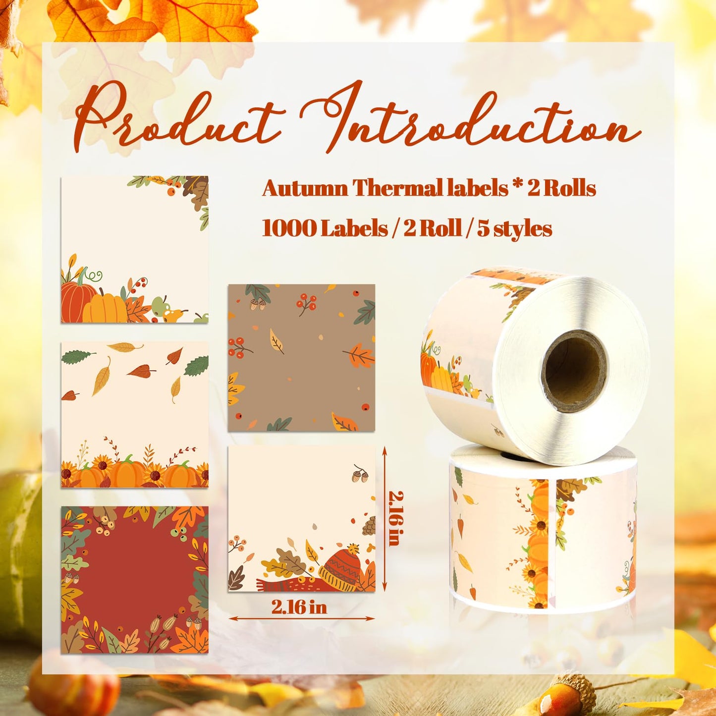 2 in Square Name Tag Thermal Labels - Autumn Sticker Paper - Harvest Fall Maple Leaves Pumpkins Mushrooms - Waterproof Scratch-Resistant DIY Thermal Printer Paper - Barcode Label - 5 Styles Autumn 1