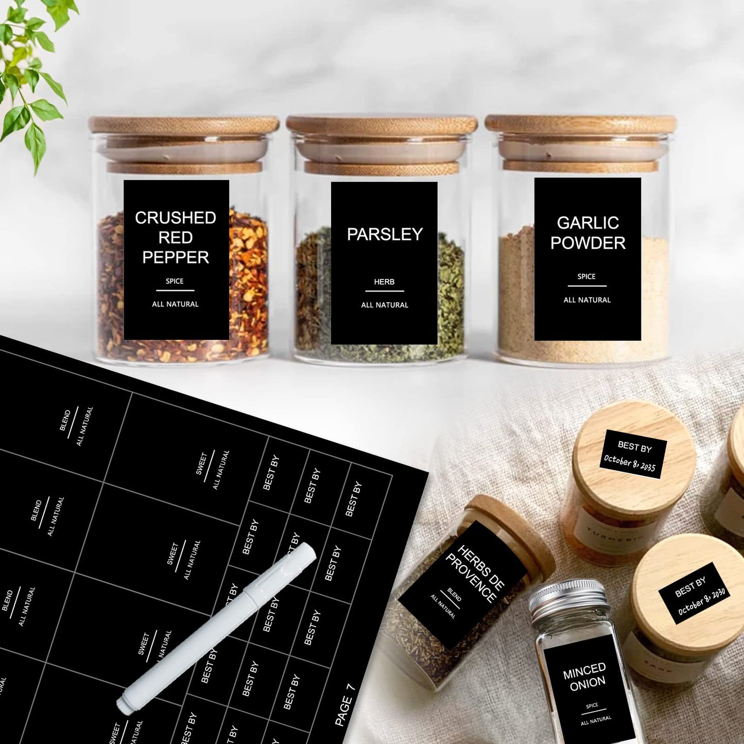 191 Spice Jar Labels Preprinted Minimalist Stickers - Matte Black Waterproof Label - Fit Round or Rectangle Spice Jars - Herb Seasoning Kitchen Pantry Labels 191 Spice Labels(no Jars)
