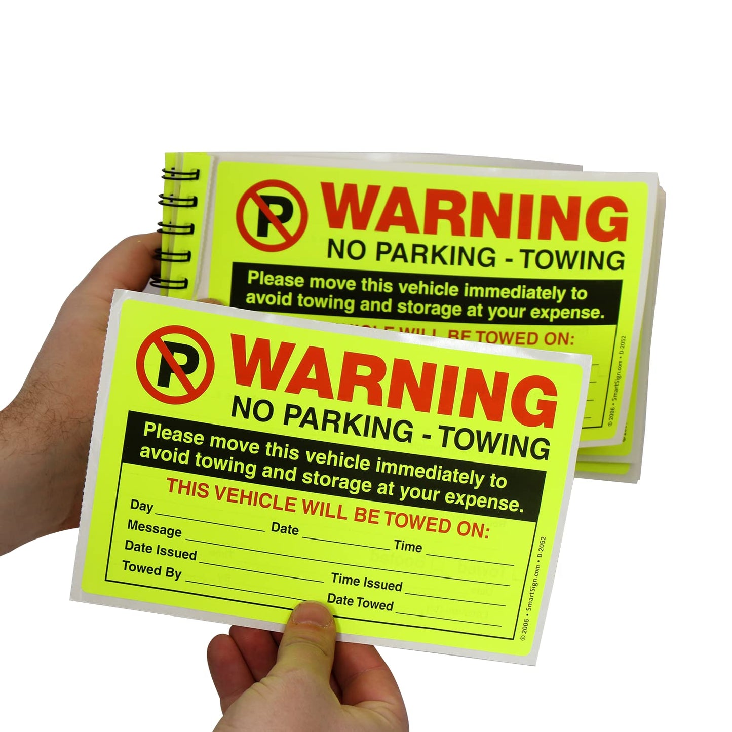 SmartSign Warning Parking Violation Stickers, Book of 50 Stickers, 5" x 8", Move Vehicle Immediately to Avoid Towing Sticker, Hard to Remove Write-On Tickets, Fluorescent Yellow Stickers Book