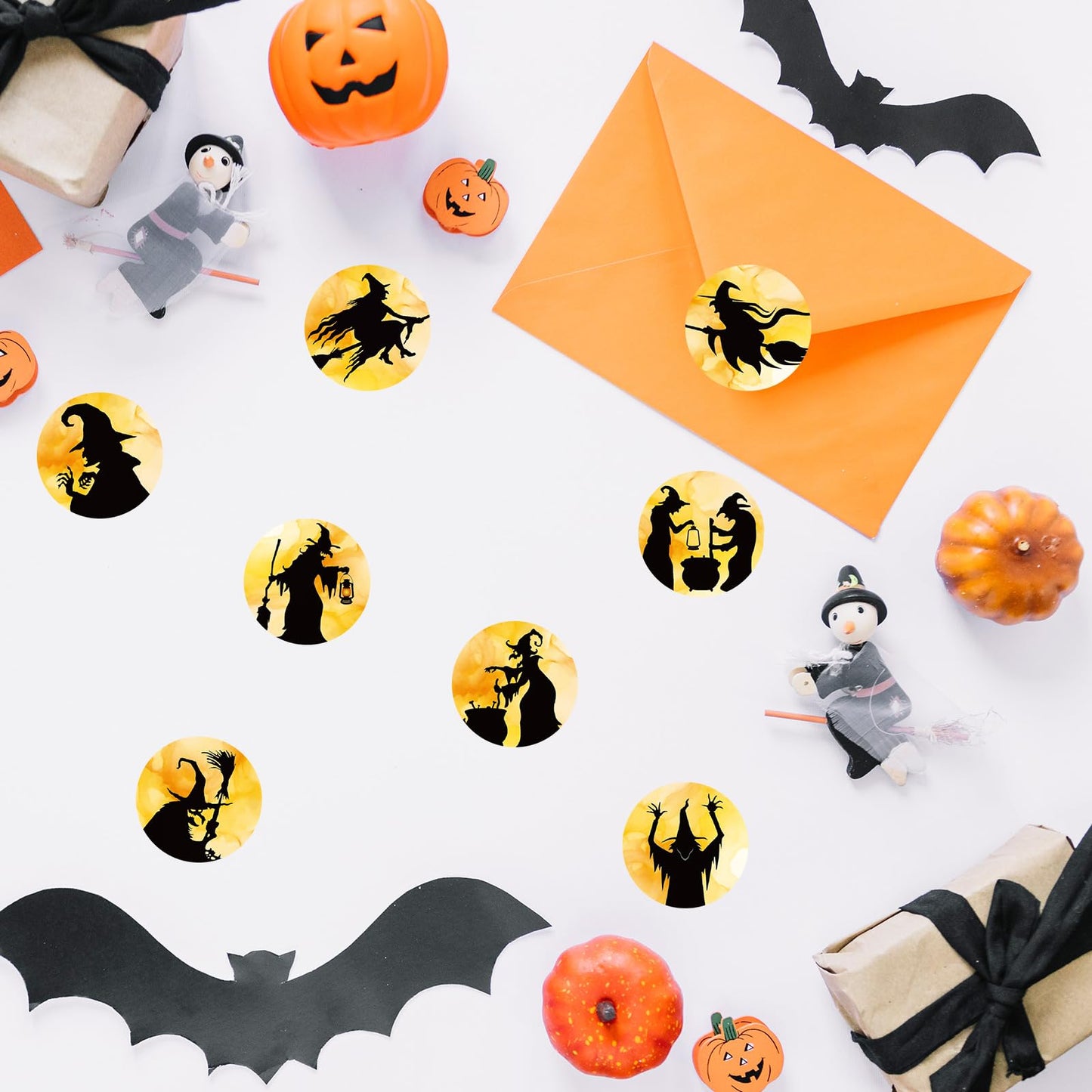 1000Pcs Halloween Stickers Roll Black Witch Round Decals Adhesive Sealing Labels for Trick or Treat Party Favor Supplies, 8 Designs