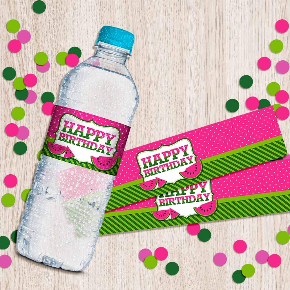 Sweet Celebration Pink Watermelon Birthday Waterproof Water Bottle Sticker Wrappers, 20 1.75" x 8.5" Wrap Around Labels by AmandaCreation