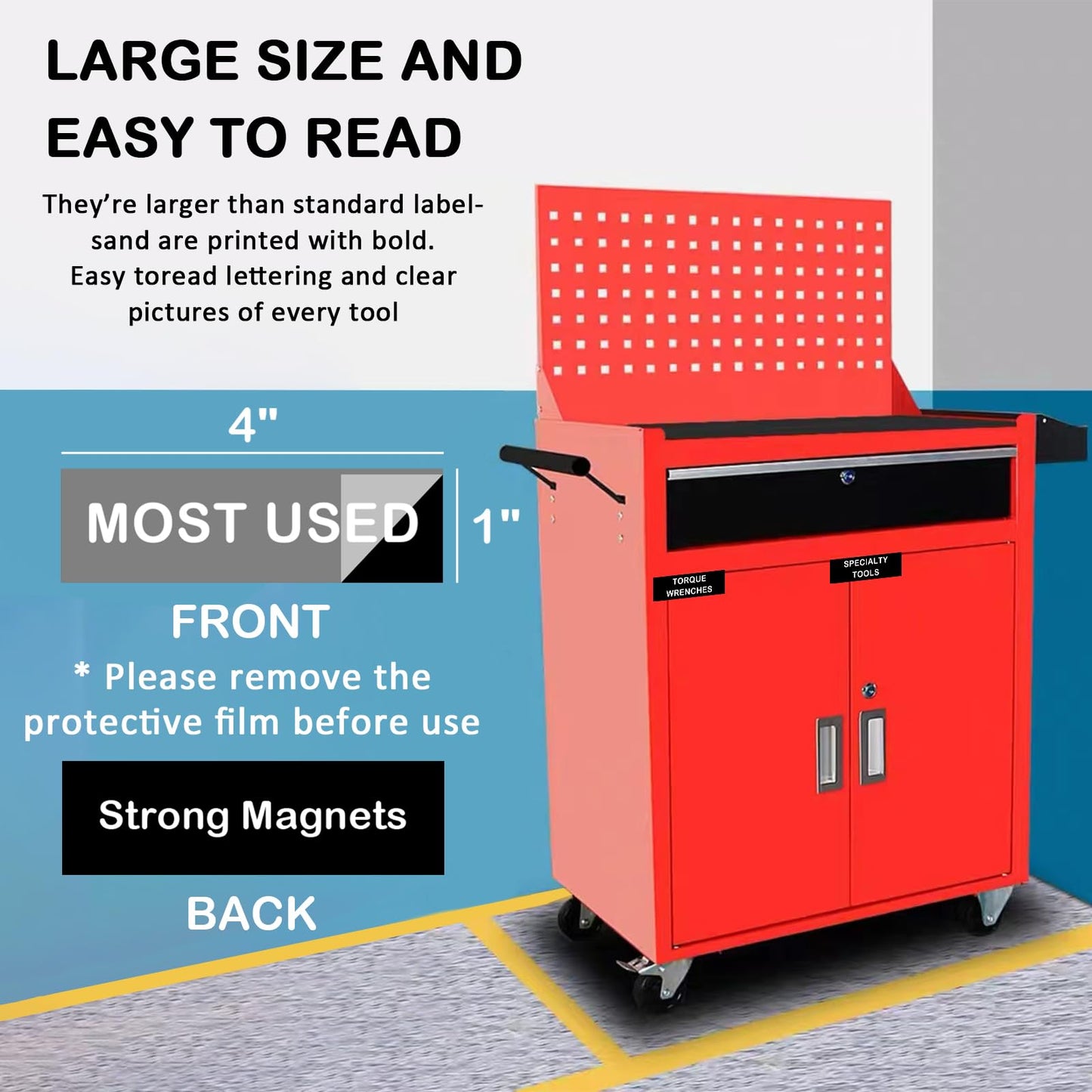 Magnetic Tool Box Organization Labels,Tool Chest Organizer Labels with Strong Magnets,Easy to Read Printing - Fits All Brands of Steel Tool Box Drawers (72 Pcs, 4 x 1 Inches) Black