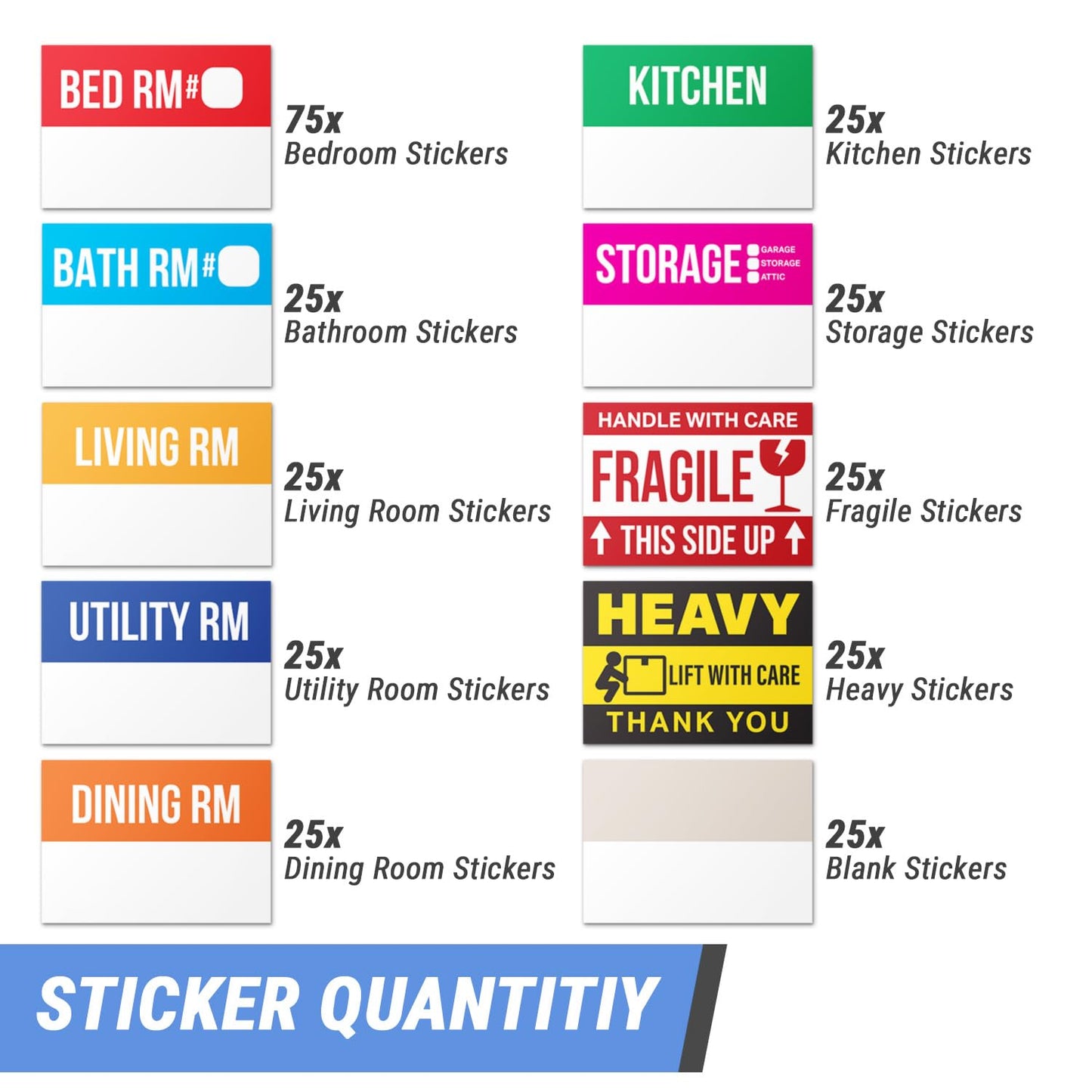 300 PCS Home Moving Labels - Ideal for 1-2 Bedroom Apartments or Condos - 3" x 2" 10 Designs of Color-Coded Moving Stickers w/Write-in Area, Fragile & Heavy Label 300 Labels