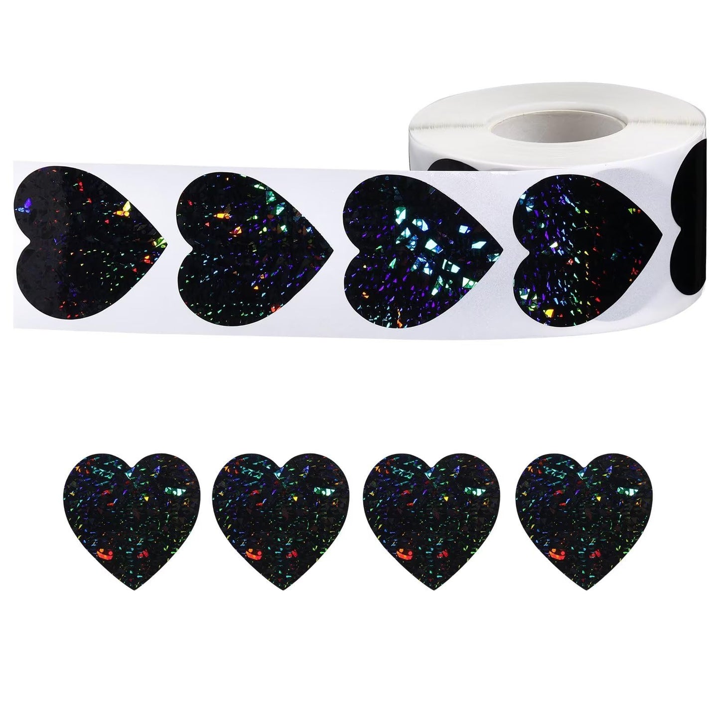 500pcs Glitter Black Heart Stickers 1.5 Inch Self Adhesive Labels for Valentine's Day, Party Decoration, 1 Roll (Black)