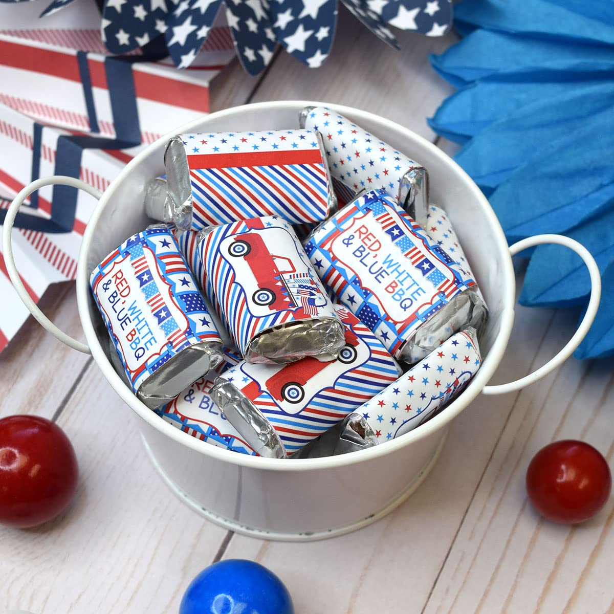 Red, White & Blue BBQ Party Mini Chocolate Candy Bar Sticker Wrappers, 45 1.4" x 2.6" Wrap Around Labels by Amanda Creation, Great for Party Favors