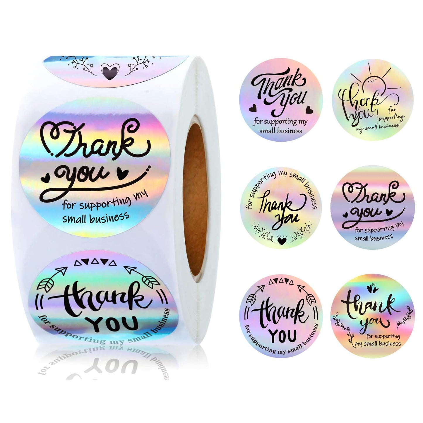 500PCS Thank You Sticker Roll, Holographic Rainbow Self-Adhesive Sticker Labels for Small Business, Gift Wrap, Envelope Closure, 1 inch