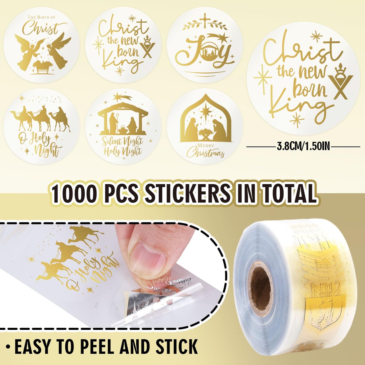 AnyDesign 1000Pcs Clear Christmas Stickers Roll Gold Foil Nativity Scene Stickers Xmas Winter Holiday Round Adhesive Label Stickers Decal for Xmas Envelopes Invitations Cards Gifts Decor, 6 Designs