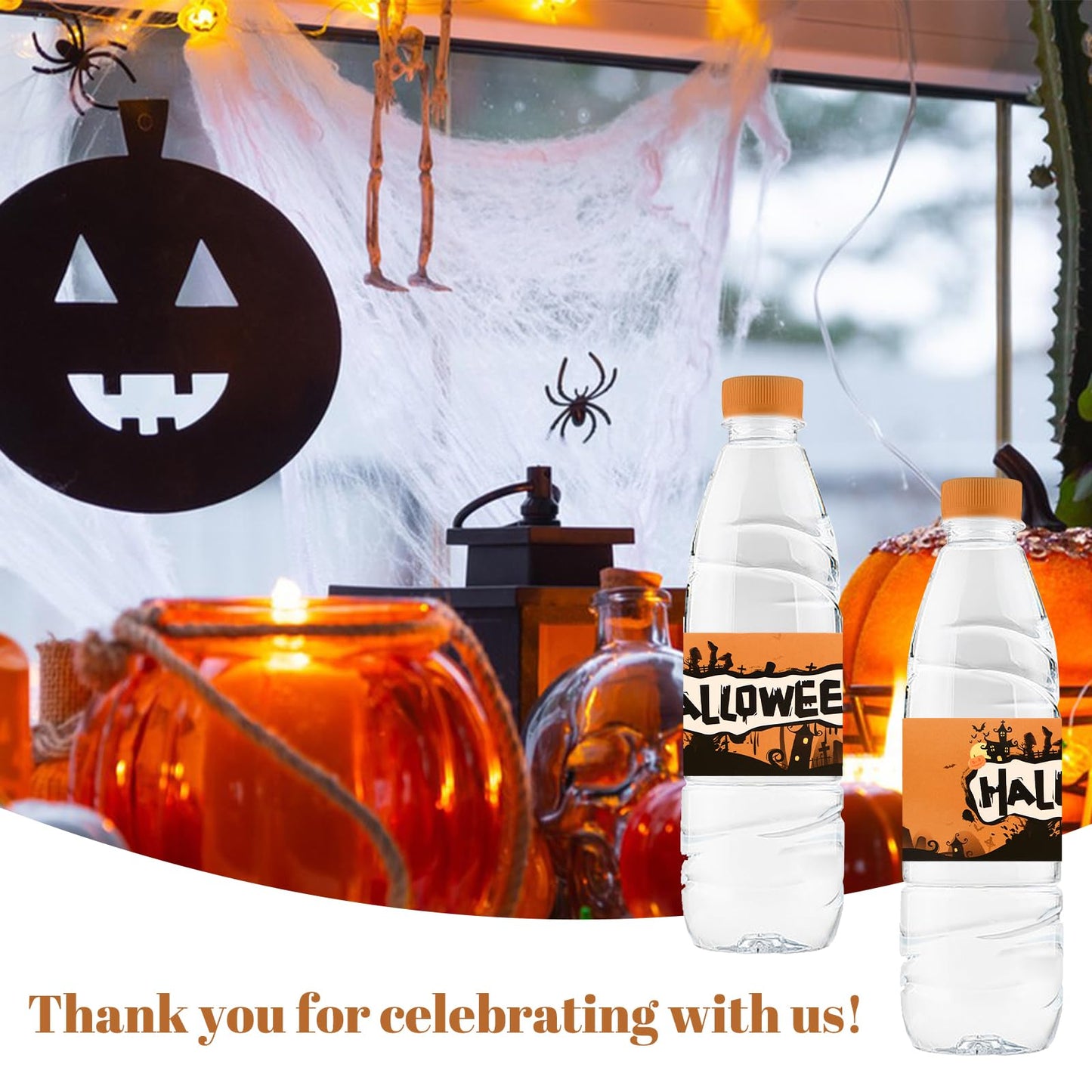 50 Pcs Halloween Water Bottle Labels,Retro Style Pumpkin Colour Stickers Drinks Wrappers for Halloween Party Favors Decor Supplies Yellow