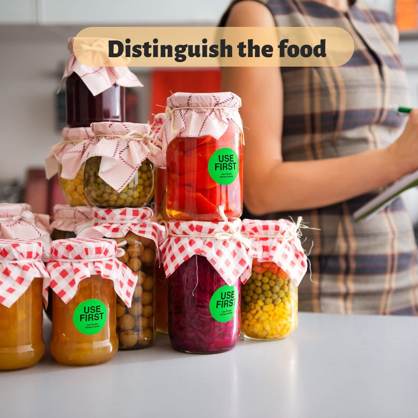 1000 Pcs Use First Stickers Day Food Labels 1.5 Inch Circle Removable Dots Food Labels Waterproof Fluorescent Adhesive Stickers for Kitchen Restaurant Containers,Trilingual,Green