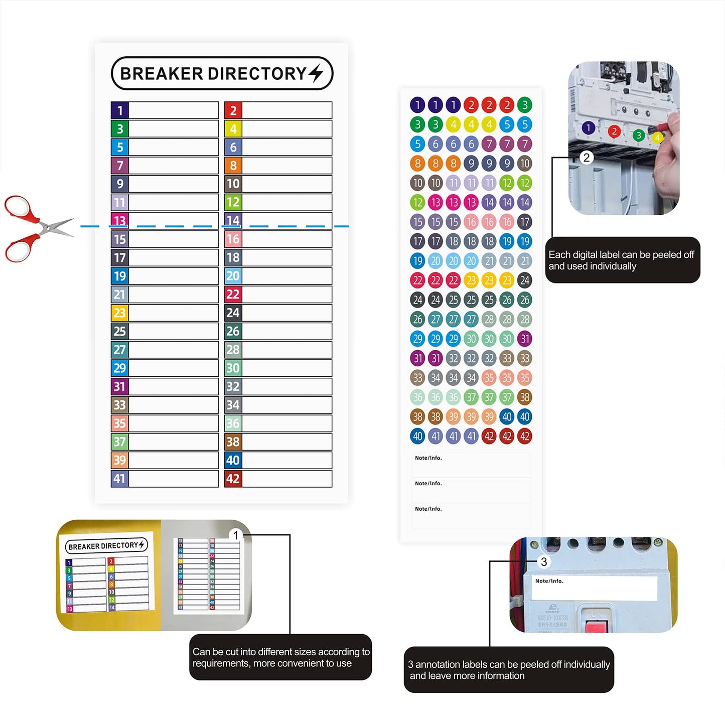 16 Sheets Breaker Panel Labels Electrical Box Sticker Numbers Breaker Panel Labels Electrical Sticker Number Catalog Load Center Adhesive Waterproof Reusable(Mix Colors) Mix Colors