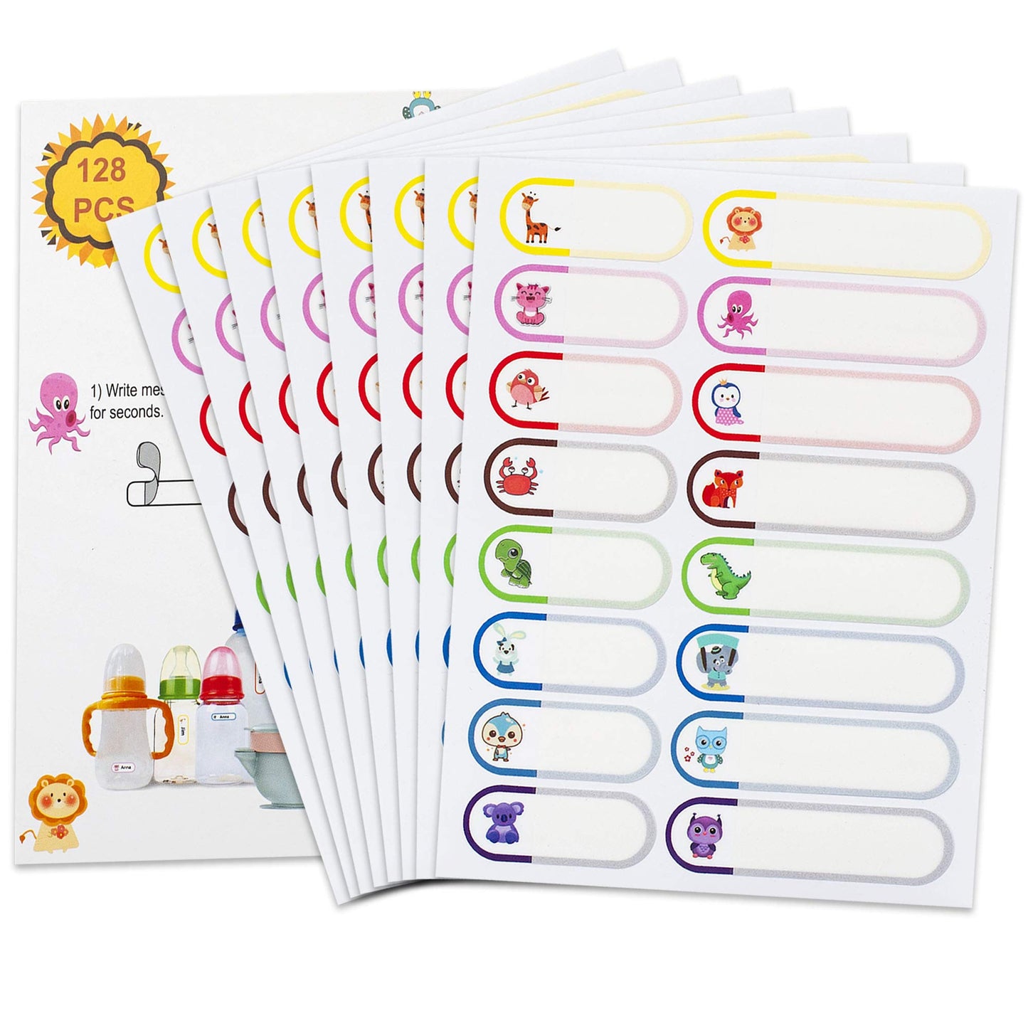 Baby Bottle Labels for Daycare, 128pcs Waterproof Daycare Labels, Name Labels for Kids School Supplies Self-Laminating, Dishwasher Safe Name Tag Label Stickers for Water Bottle, Sippy Cup 128pcs-animals