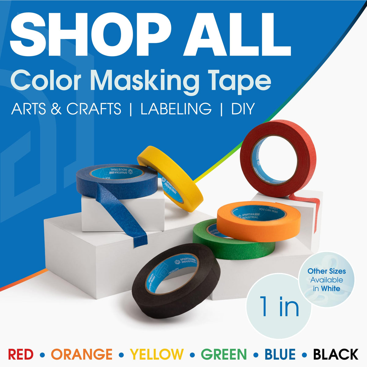 Spartan Industrial - 1" X 60 yd Blue Tape - 6 Colored Masking Tape Rolls for Home, Office, School Use - No Residue, 5.5 Mil