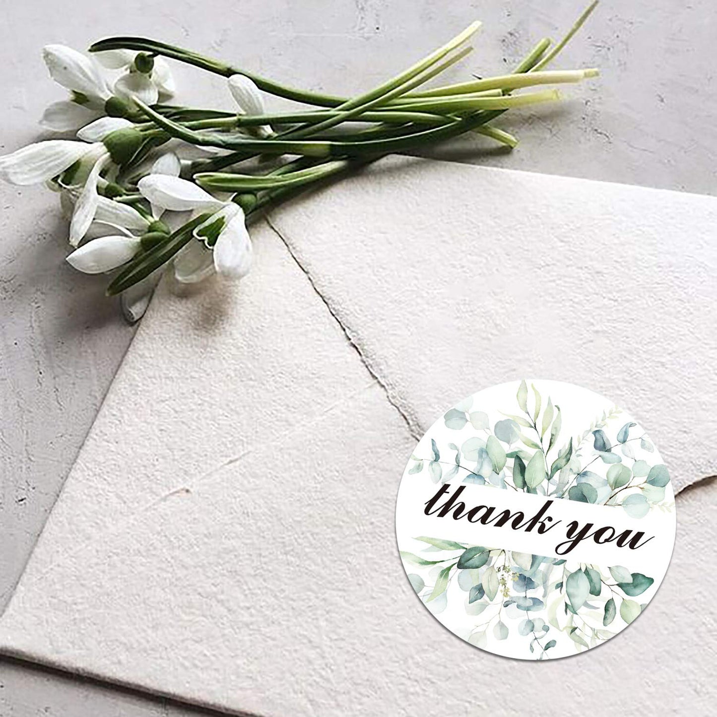 500 Greenery Thank You Label Stickers, Chic Golden Eucalyptus Leaves Wreath Thank You Stickers, 6 Different Designs, 1.4 Inches Round Thank You Stickers Roll, Wedding Favors.