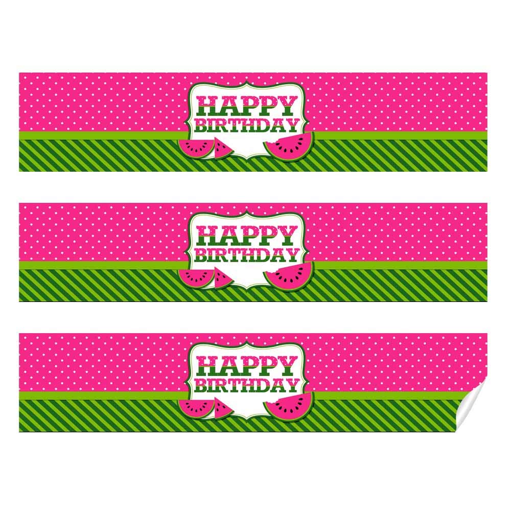 Sweet Celebration Pink Watermelon Birthday Waterproof Water Bottle Sticker Wrappers, 20 1.75" x 8.5" Wrap Around Labels by AmandaCreation