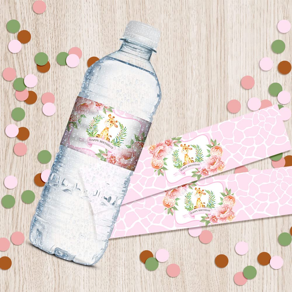 Watercolor Giraffe Birthday Themed Waterproof Water Bottle Sticker Wrappers 20 Wrap Around Labels Sized 1.75" x 8.5" by AmandaCreation