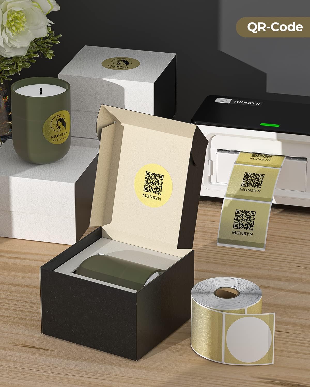 MUNBYN 2 Inch (50.8X 50.8mm) Gold Transparent Thermal Labels, Round Fine Glitter Printable Thermal Stickers for Small Businesses, 500 Labels/1 Roll 2"