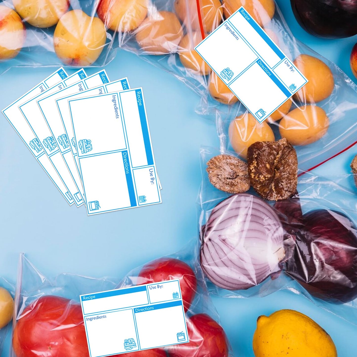 100pcs Labels for Freezer Bags Freezer Meal Labels with Instructions 3.2 X 5 inch Oil and Water Resistant Labels Food Labels for Freezer Storage for Leftovers in Fridge Removable Freezer (Blue) Blue