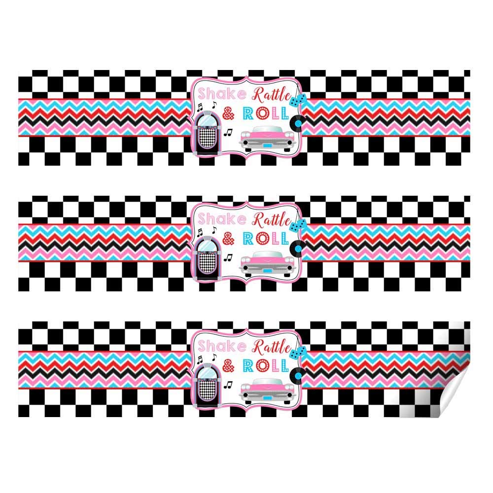 50’s Sock Hop Birthday Waterproof Water Bottle Sticker Wrappers, 20 1.75" x 8.5" Wrap Around Labels by AmandaCreation
