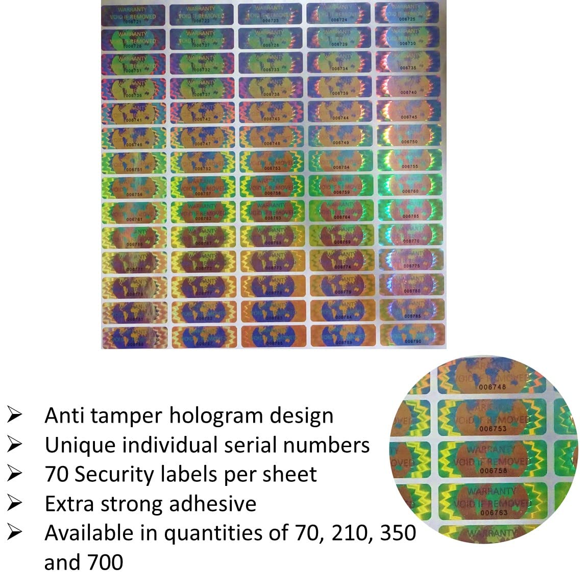 70 Hologram Tamper Evident, Tamper Proof Stickers. Warranty Void If Removed. Individual Serial Numbers. Tamper Foil Tape Labels. Destroyed Upon Removal with Residual Text Left on Item. (70 Stickers) 70 Stickers