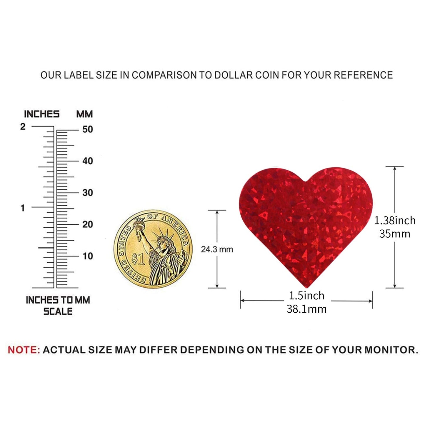 1.5" Red Heart Stickers with Glitter Holographic Gravel Pattern, 500 pcs Sparkling Adhesive Heart Sticker Labels per Roll, Love Stickers for Personal and Business Use 1.5 inch