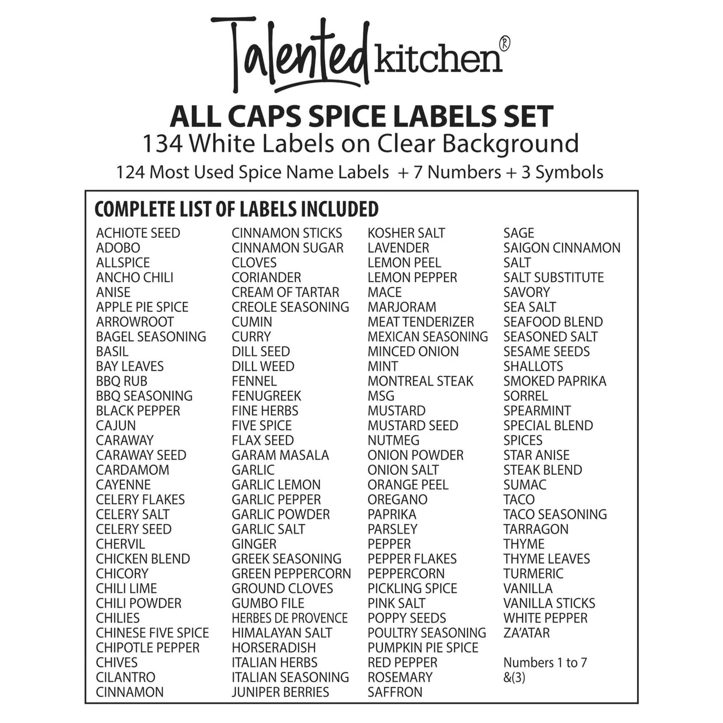 Talented Kitchen 134 Preprinted Minimalist Spice Labels, Bold All Caps White Seasoning Labels for Spice Rack, Kitchen Cabinet and Pantry Organization