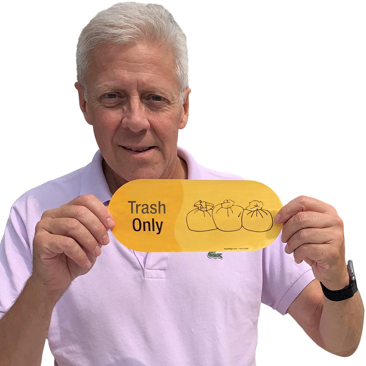 SmartSign (Pack of 4) 3.75 x 9 inch “Trash Only” Sticker Labels with Symbol, 5 mil Laminated Polyester with SuperStick Adhesive, Yellow and Black, Made in USA 3.75" X 9"_trash Only