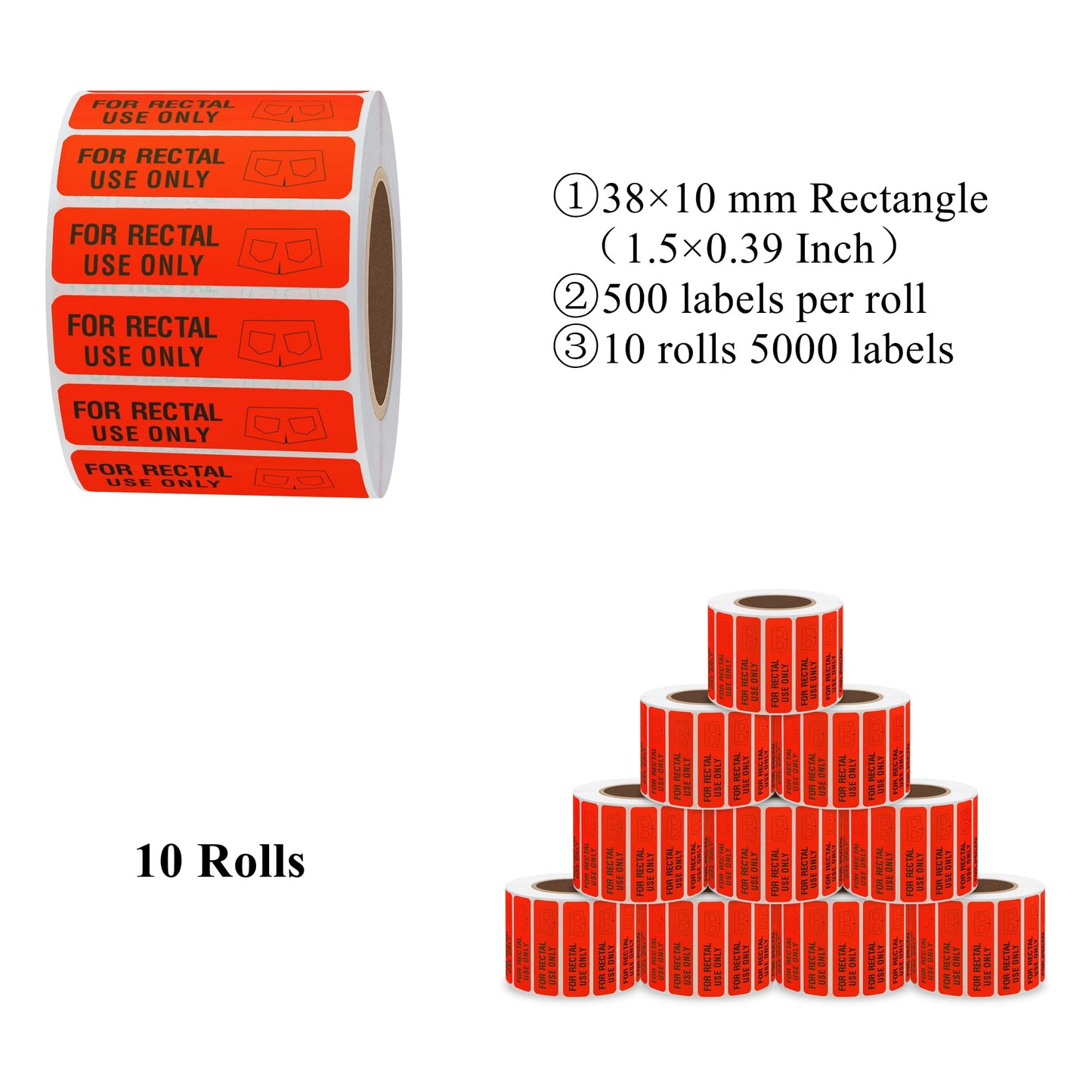 for Rectal Use Only Stickers 1.5 × 0.375 Inch Mischief Warning Label Fluorescent Red - 500 Stickers Per Roll (10 Rolls)