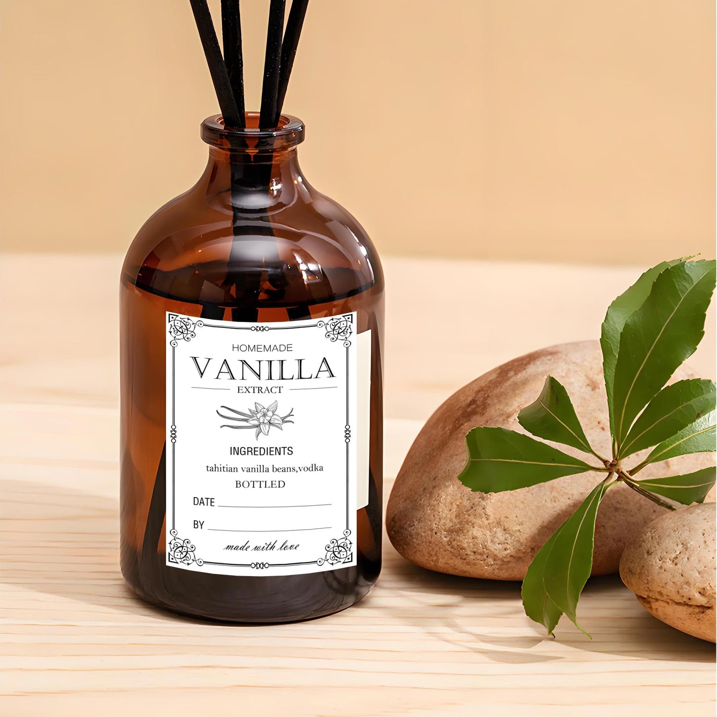 120pcs Homemade Vanilla Extract Stickers with Instructions - 1.5x2 Inch Handcrafted Vanilla Bottle Labels for 2oz, 4oz, 8oz Bottles Black