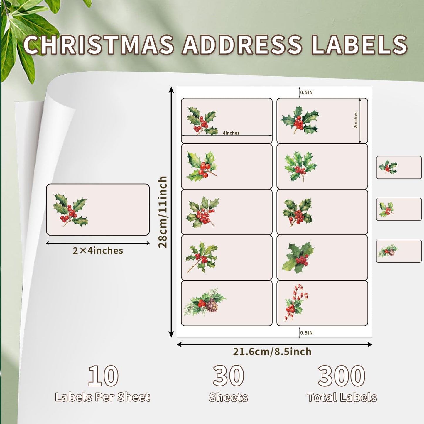 300 Pieces Christmas Address Labels 2 x 4 Inches Printable Christmas Address Labels Mailing Labels Compatible with Laser and Inkjet Printer 2x4 inches Holly Berries