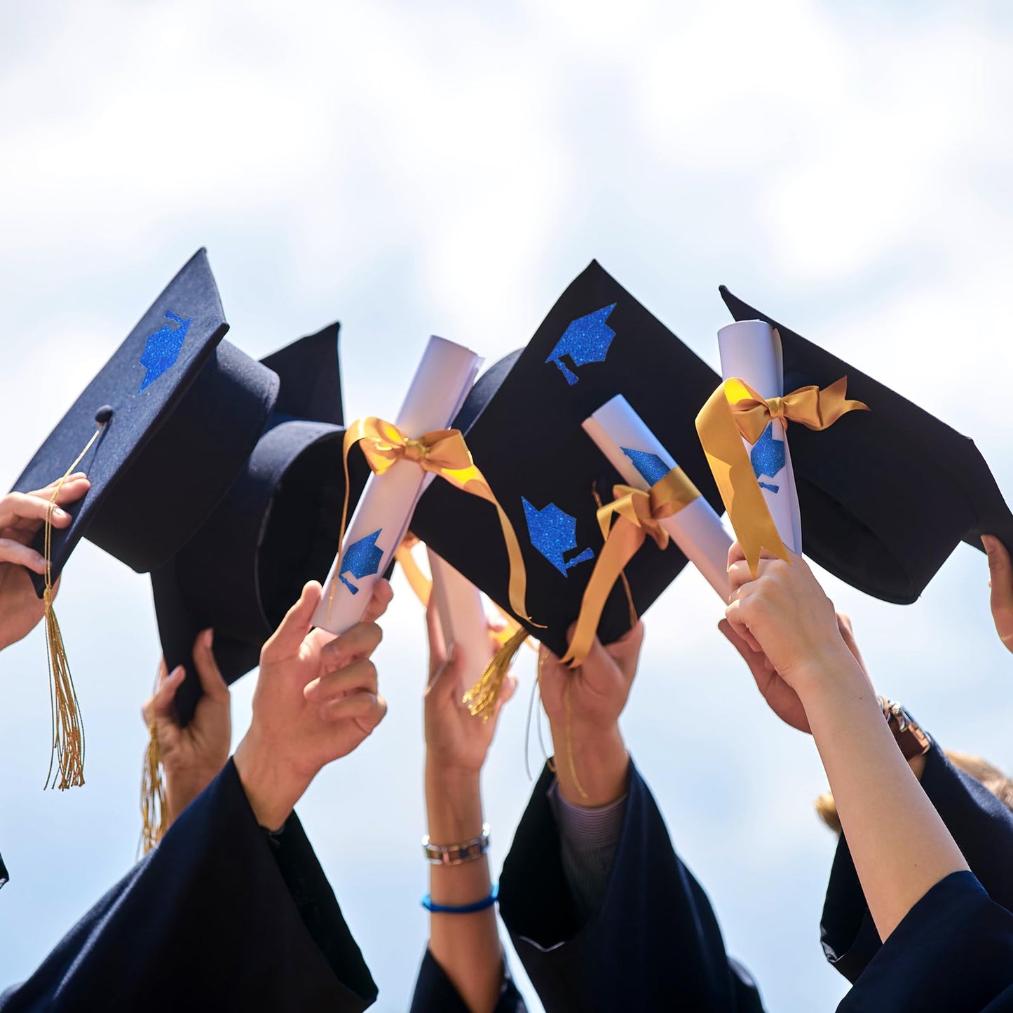 Waline Blue Graduation Cap Stickers - Laser Silver Sealing Labels, Self-Adhesive, 1.5x0.8 Inch