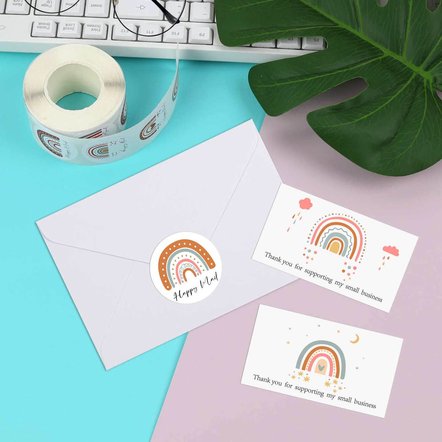 620Pcs Rainbow Thank You Cards for Supporting My Small Business with Happy Mail Sticker, 120Pcs Blank Note Card with 1.5’’Sticker Labels (500Pcs/ Roll) for Small Business Owners Sellers
