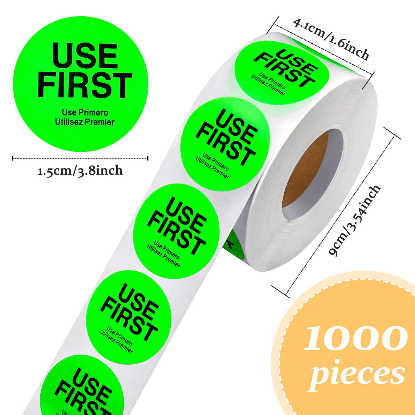 1000 Pcs Use First Stickers Day Food Labels 1.5 Inch Circle Removable Dots Food Labels Waterproof Fluorescent Adhesive Stickers for Kitchen Restaurant Containers,Trilingual,Green