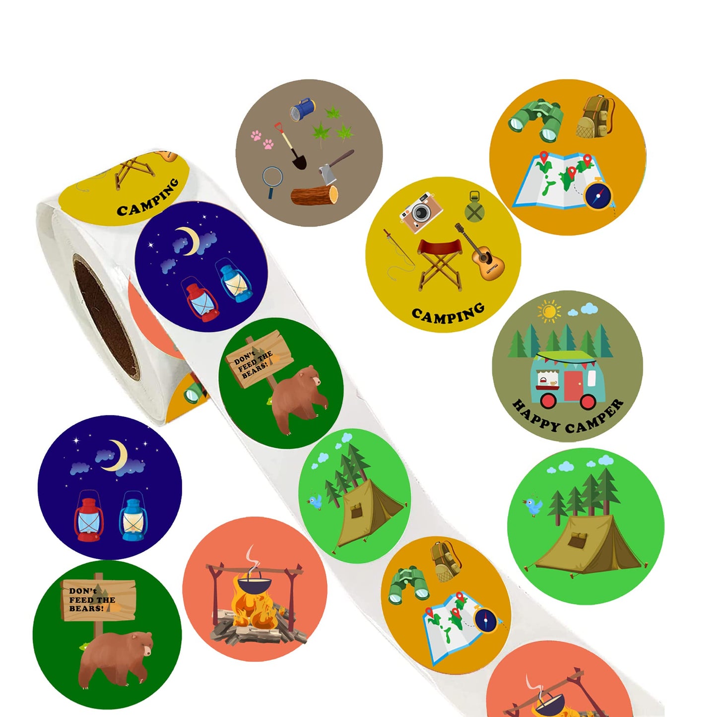 500 Pieces Camper Party Decorations Labels Roll Stickers-Adventure Camping Theme Birthday Supplies Favors Decals