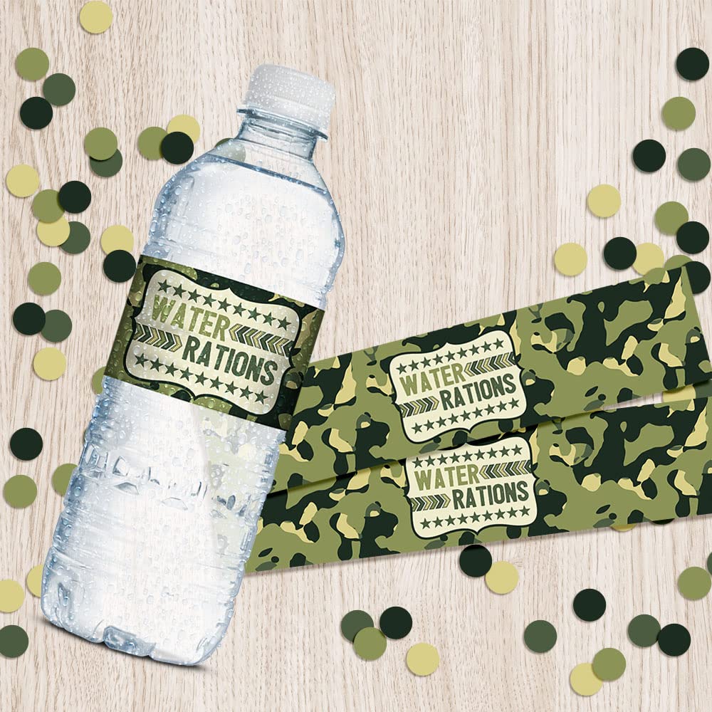 Ten Hut! Army Camouflage Birthday Themed Waterproof Water Bottle Sticker Wrappers 20 Wrap Around Labels Sized 1.75" x 8.5" by AmandaCreation