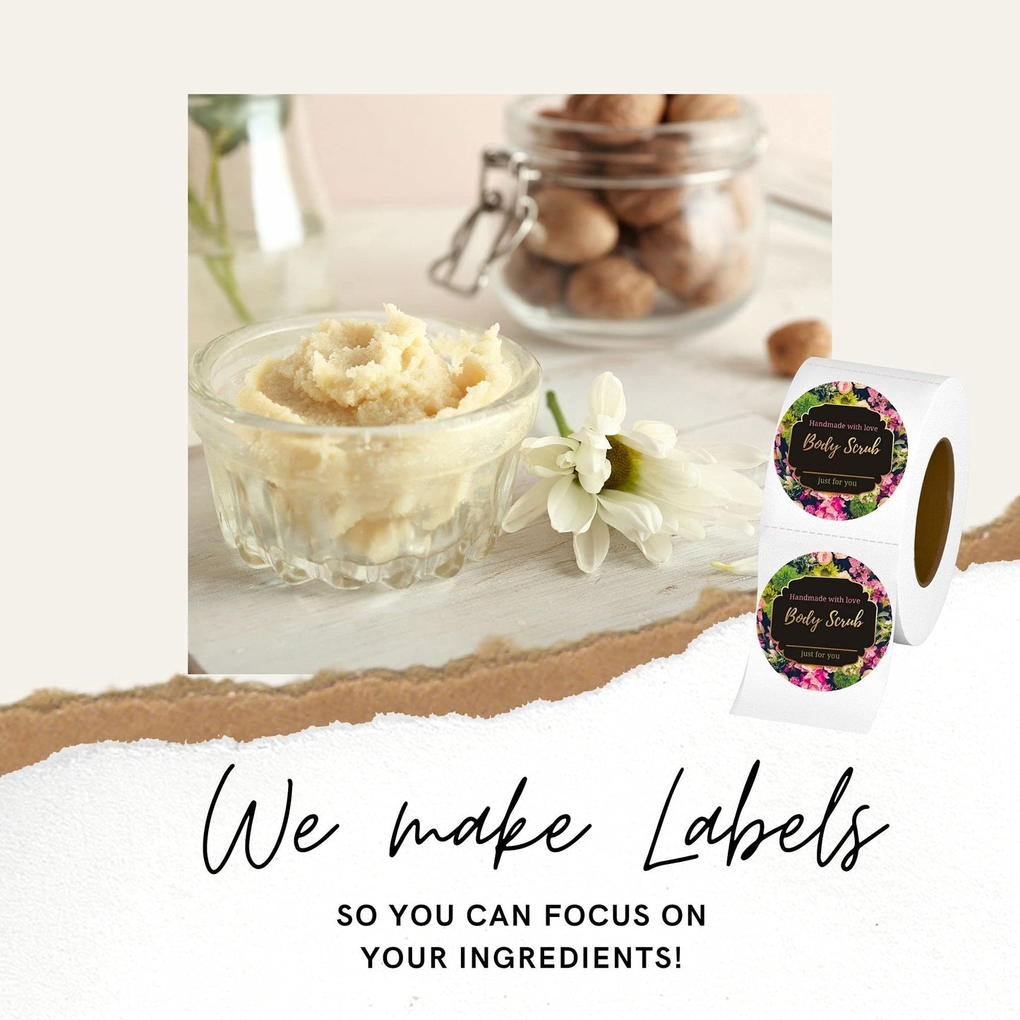 Mobiusea Creation Body Scrub Containers Labels Roll | 2 Inch | Gold Foil | 300 Waterproof Stickers for Small Plastic Containers | Ideal for Sugar Scrubs, Body Scrubs, Cosmetic Jars with Lids