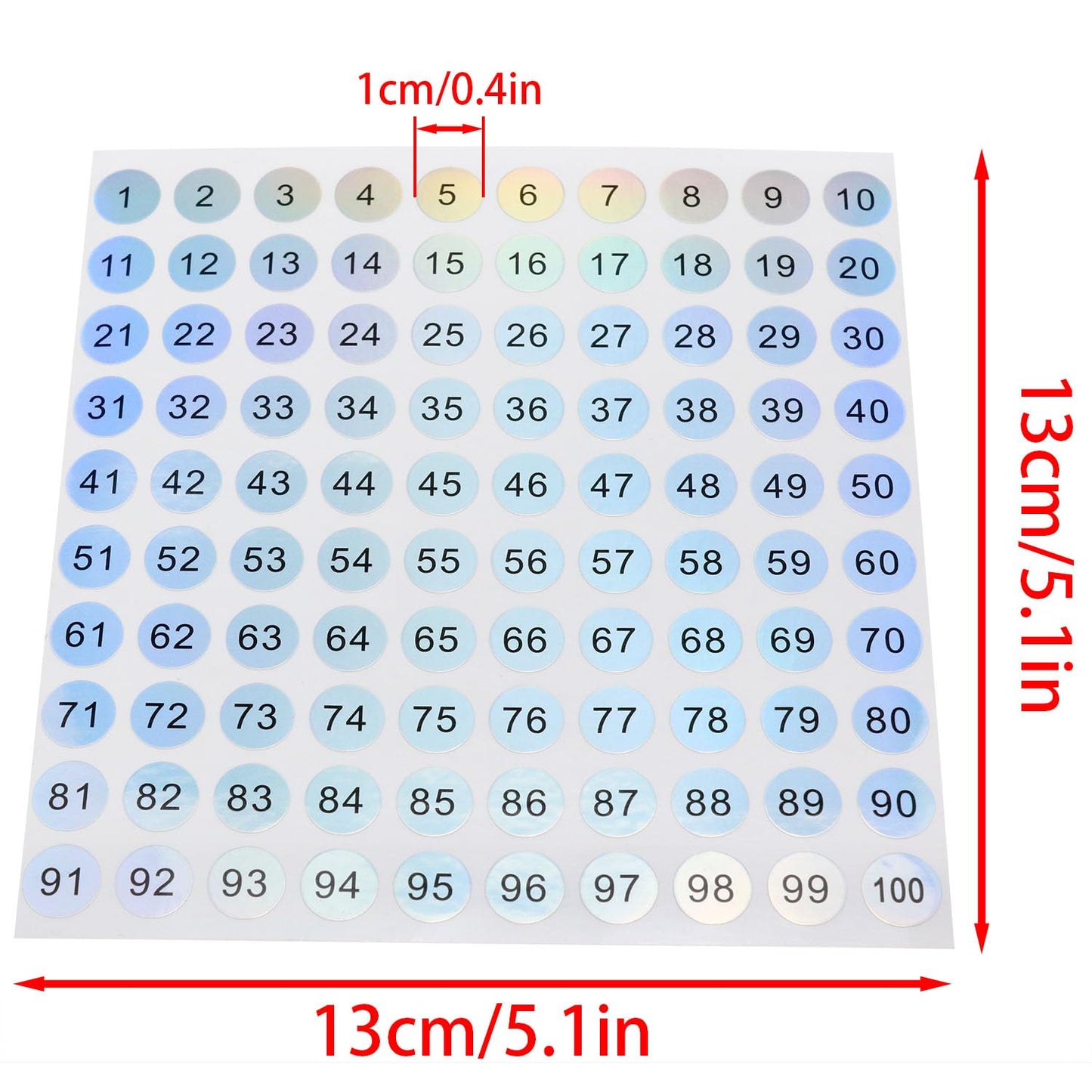 1-100 Serial Circular Laser Digital Sticker Number Stickers Self-Adhesive Label Sticker Diameter 10mm for Home School Office Decoration -10pcs