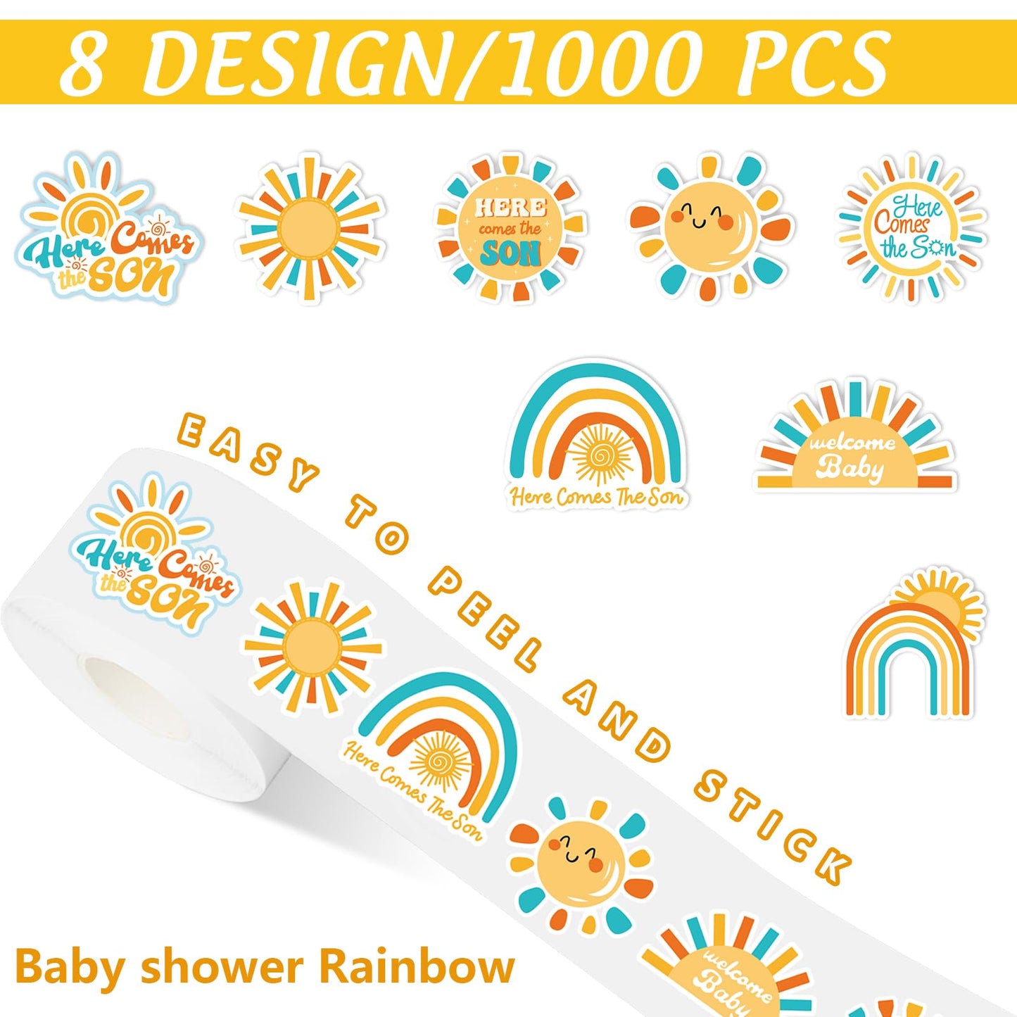 1000Pcs Boho Rainbow Decal Here Comes The Son Adhesive Sealing Labels First Trip Around The Sun Sticker for Baby Shower Birthday Party Favor, 8 Design Boho Sun Rainbow