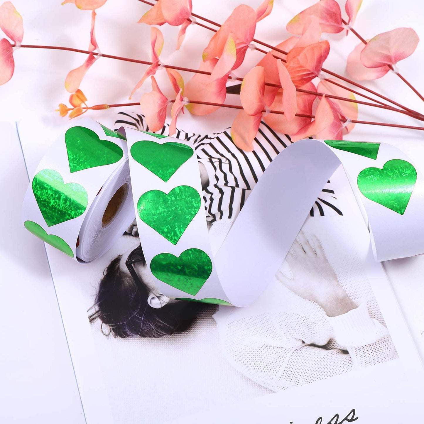 Glitter Heart Stickers, 1.5" Heart Decorative Labels 500 per Roll, Valentine's Day Love Decorations for Wedding Anniversaries (Green) Green