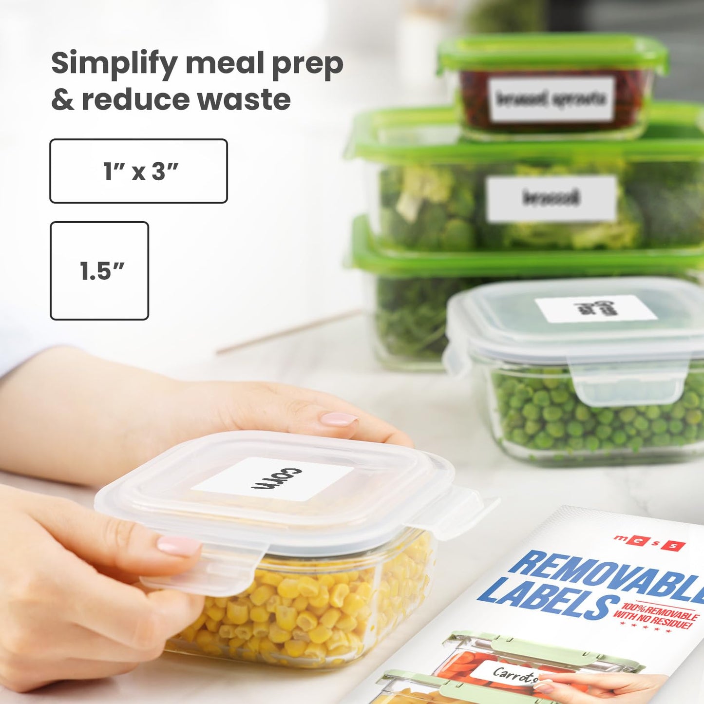 MESS Removable Food Labels for Containers (96-Pack) 1x3" & 1.5" Erasable Kitchen Labels for Organizing, Freezer & Fridge, White Dry Erase Labels for Jars 1x3" & 1.5"