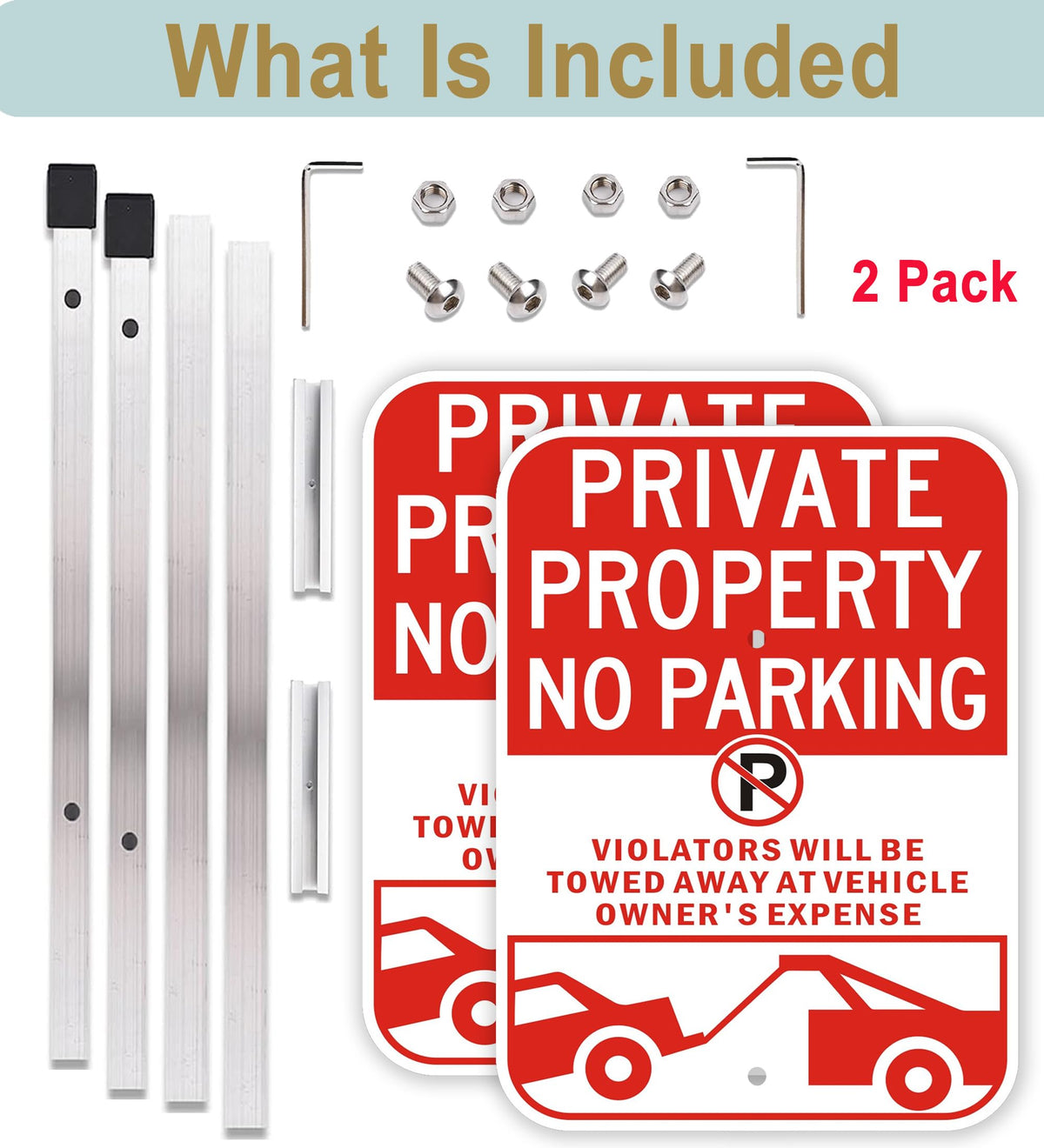 2Pack Private Property No Parking Signs with 36" Stake, Violators Will Be Towed Away at Vehicle Owner's Expense Signs, 14"×10" Reflective Aluminum Sign, Fade Resistant, Including Screws