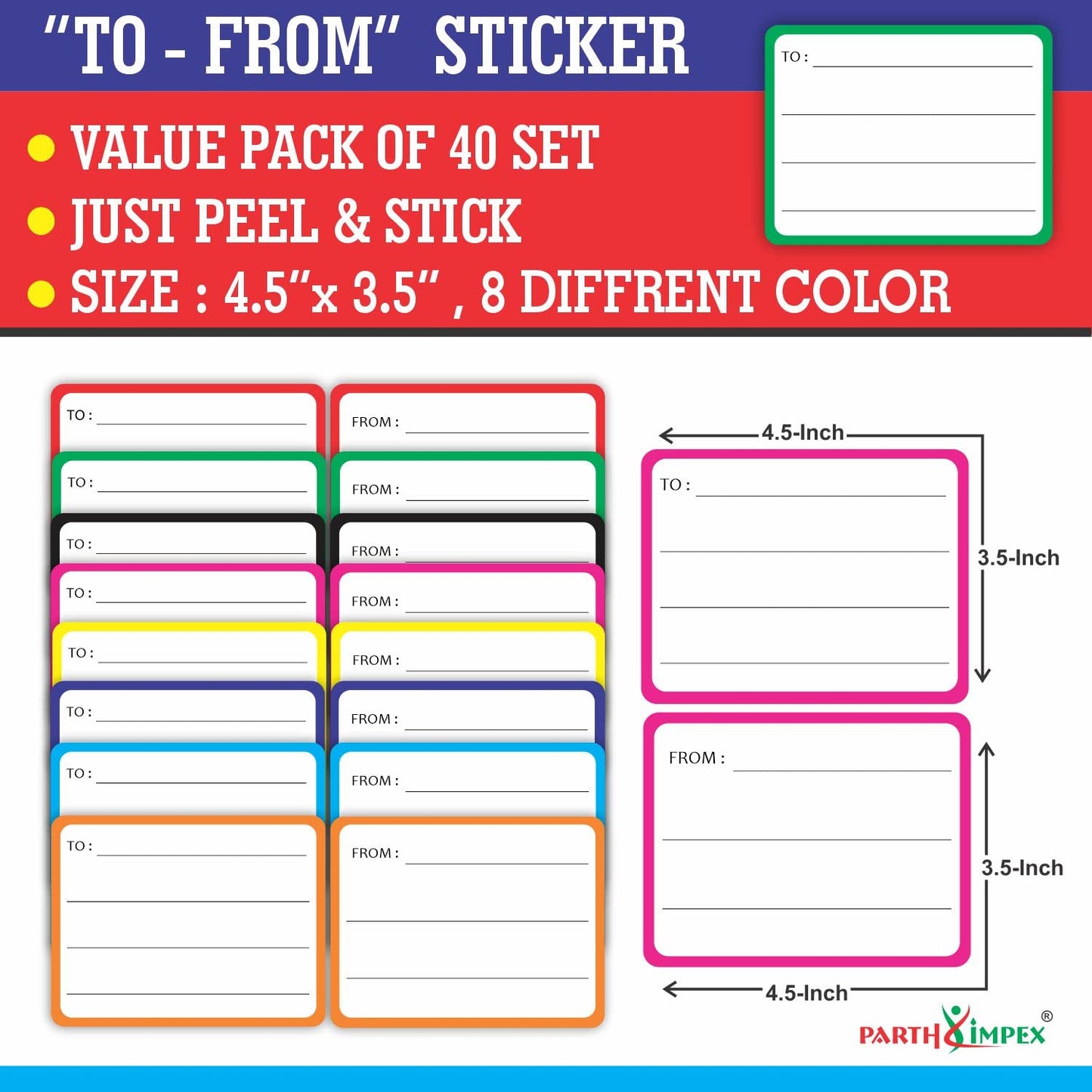 PARTH IMPEX to from Stickers for Gifts - (Set of 40) 4.5" x 3.5" Large Any Occasion Address Mailing Blank Mail Labels for Birthday Christmas New Year Envelopes Shipping Boxes