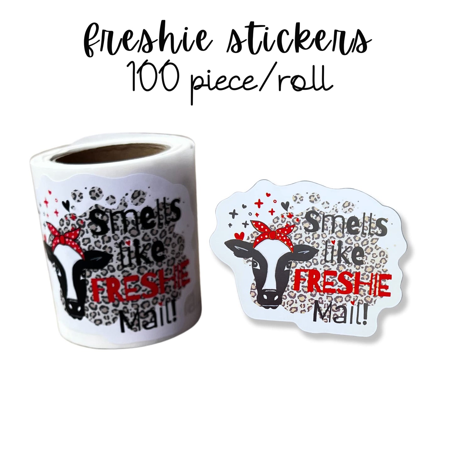 Freshie Sticker Smells Like Freshie Mail Care Instructions Leopard Cow Fringe | 100 pcs roll | 3x2” for Silicone Mold Aroma Bead Scent Customer Package Warning Label