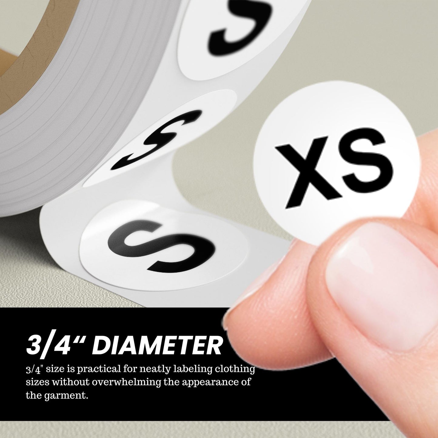 3,500 Pcs Clothing Size Stickers, 3/4 Inch Round Self-Adhesive Labels – 500 Per Roll, 7 Sizes (XS, S, M, L, XL, XXL, XXXL) – White Stickers with Black Text for Clothing and Retail Organization