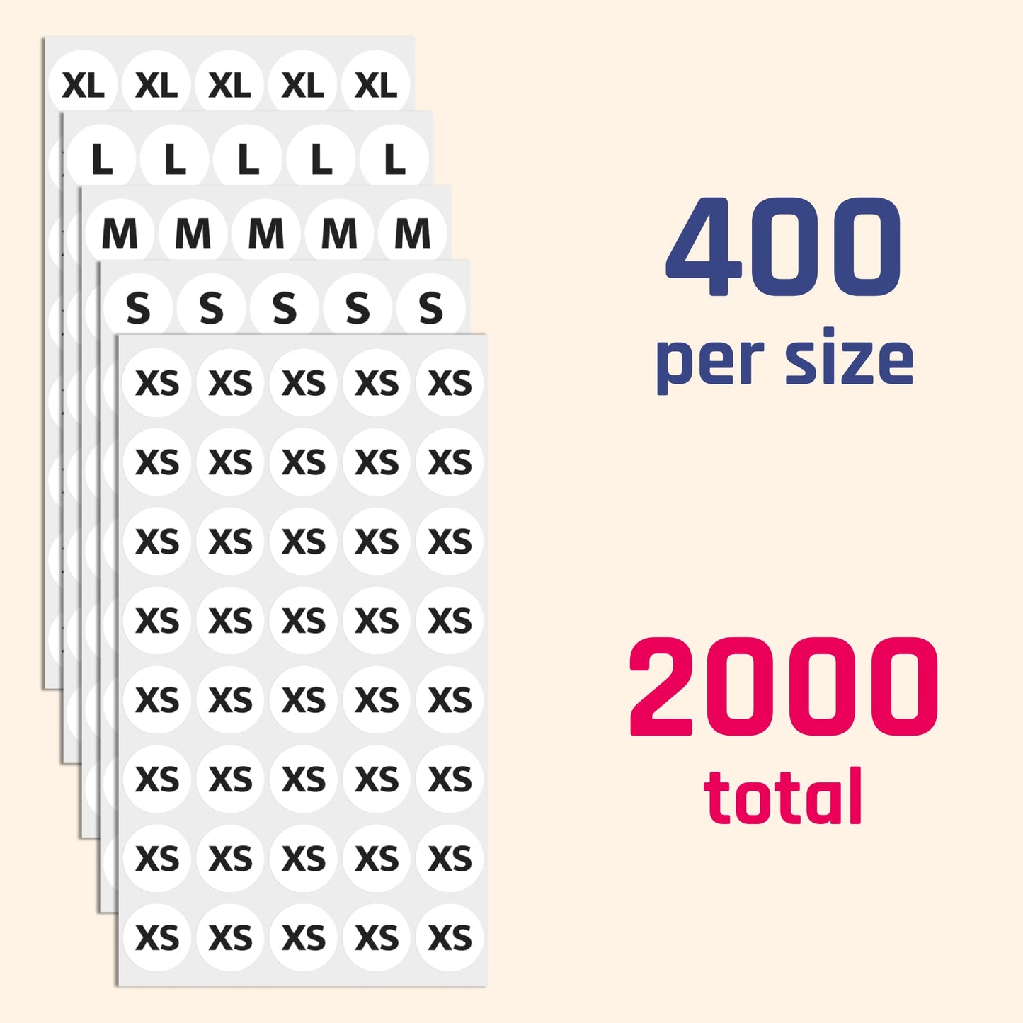 2000 Pack, 3/4" - Clothing Size Stickers, Small Medium Large Shirt Sizing Labels - 5 Sizes (XS, S, M, L, XL) 5 sizes | 400 per size