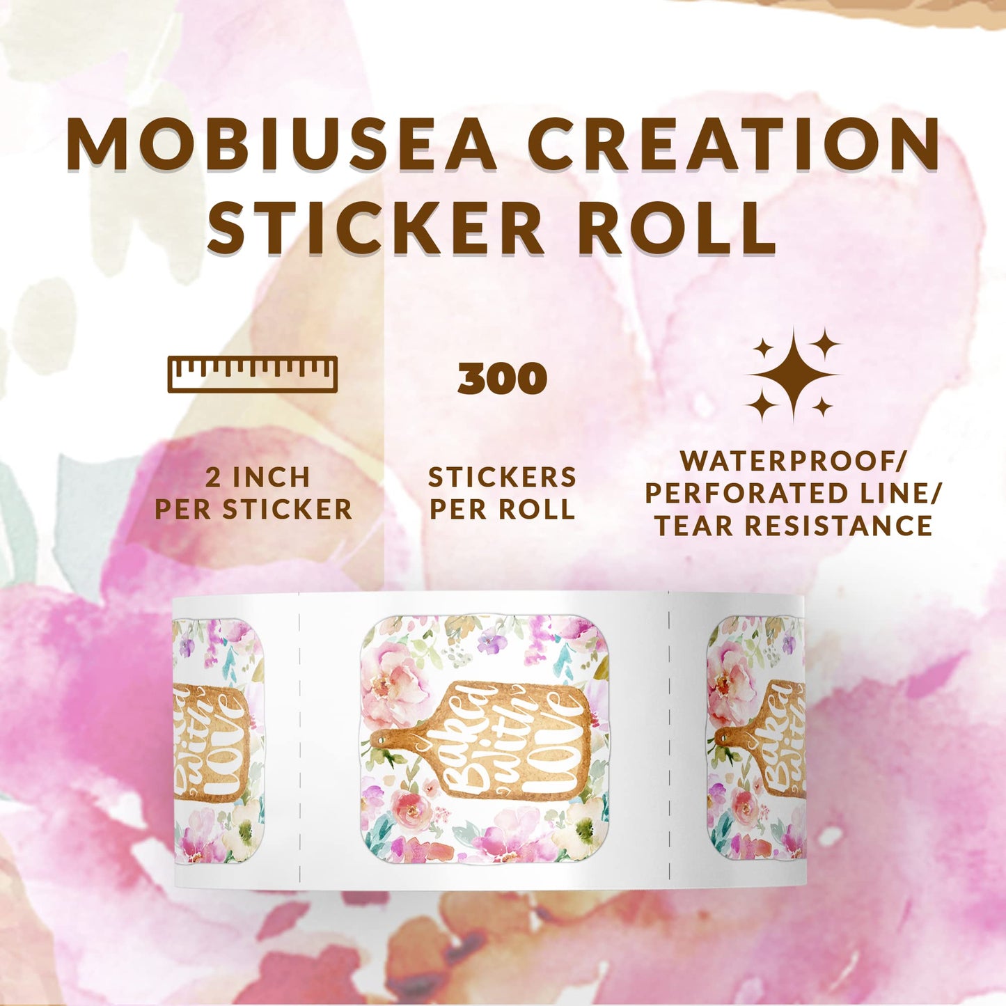 Mobiusea Creation Baking Labels, 300pcs 2" Waterproof, Elegant Floral Design, for Bakery Bags, Dessert Packaging, Cookie Stickers, Cake Stickers