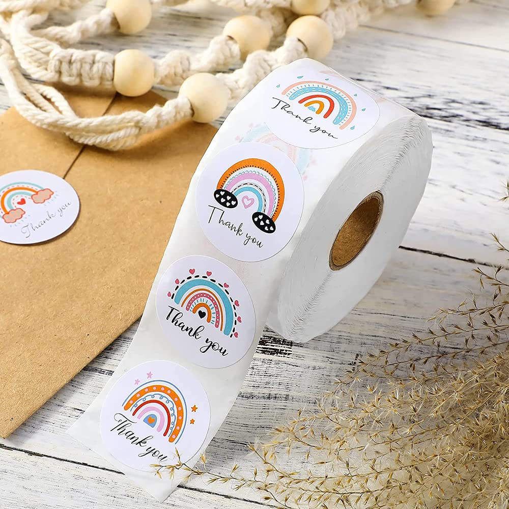 500 Pieces Rainbow Thank You Label Stickers 1.5 Inch Round Thanks Sticker Boho Adhesive Business Label Thank You Envelope Seals Stickers Decorative Sticky Label for Card Box Packing Bag, 8 Styles