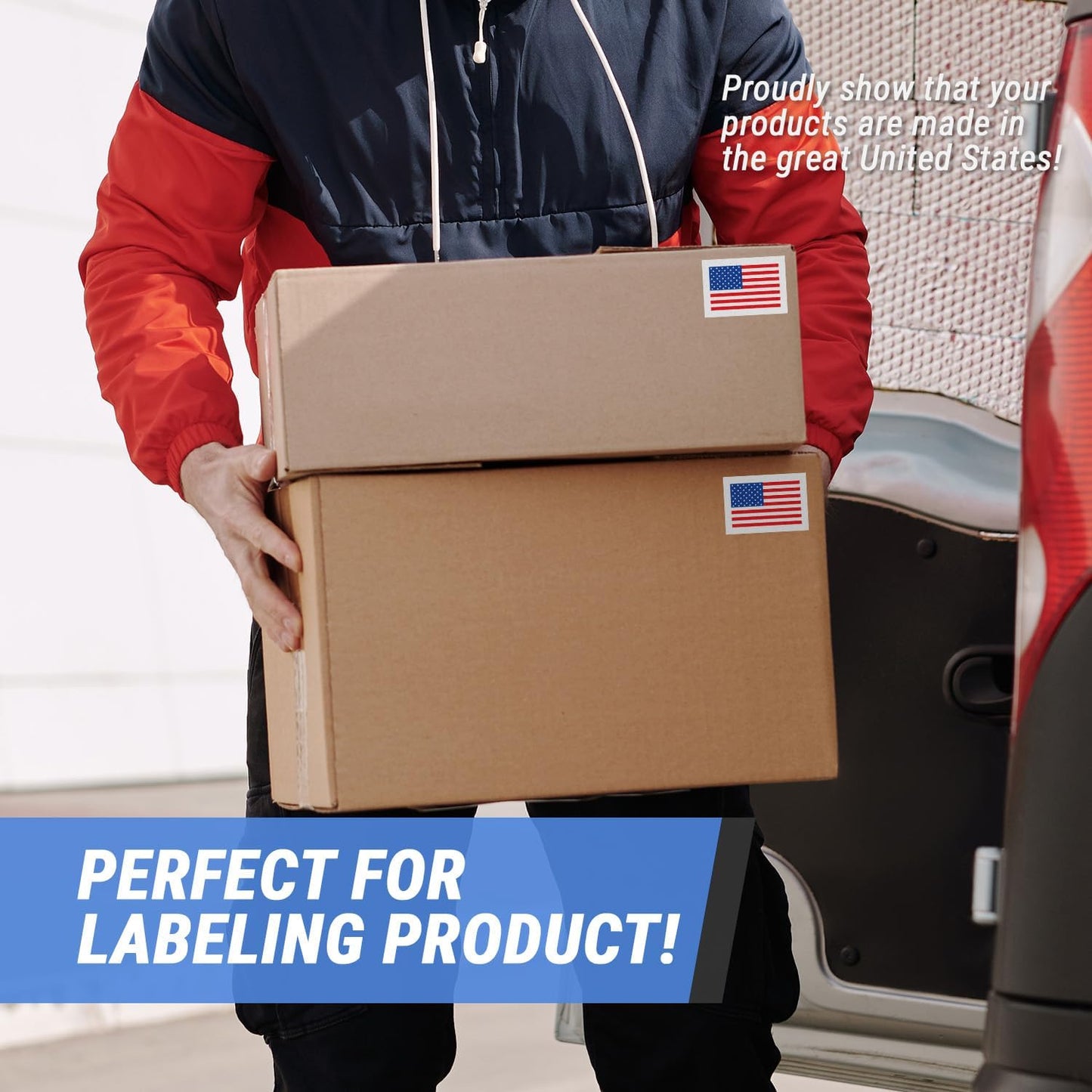 600 Labels - Amercian Flag USA Production Stickers, 2 x 3 inch Rectangle Manufacturing in America USA Labels - USA Flag Stickers
