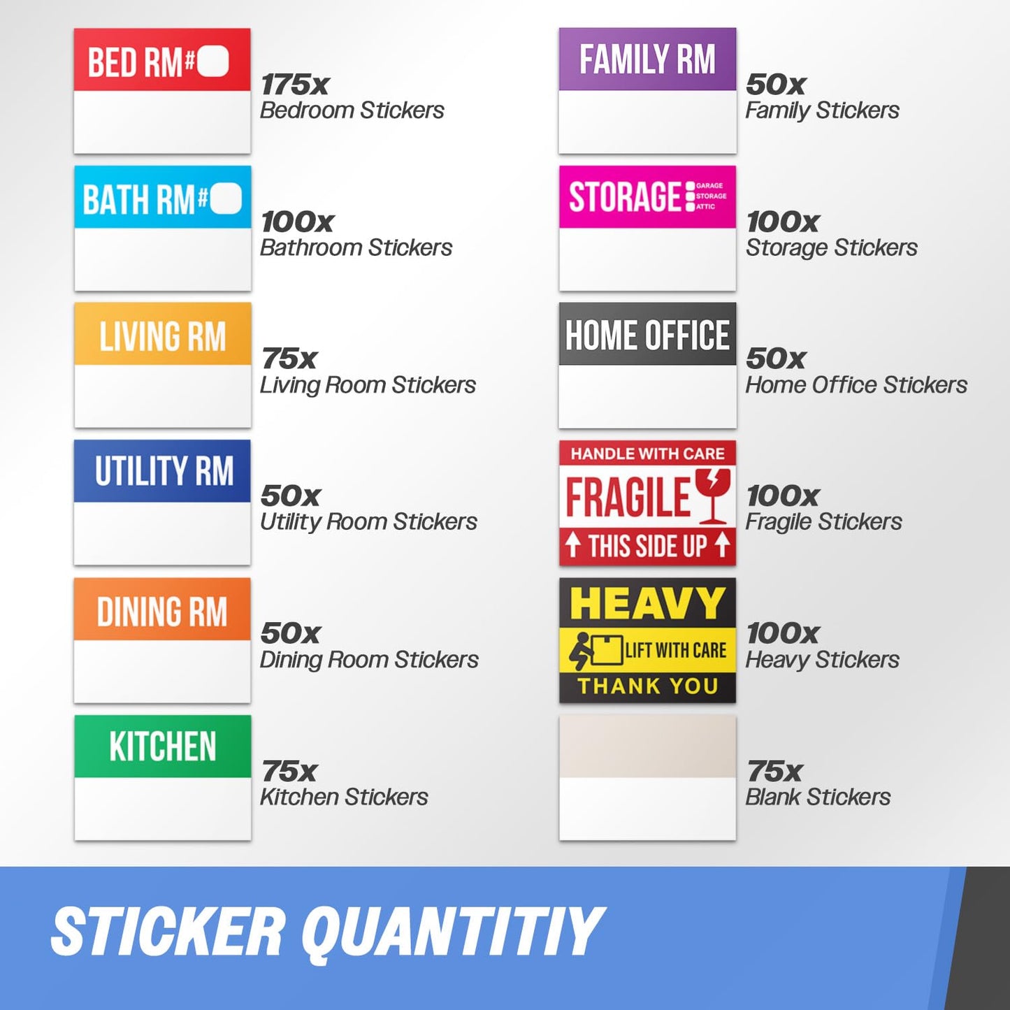 Moving Labels (3 x 2 inch, 1000 per Pack) Ideal for 3-5 Bedroom Homes - 12x Designs of Color-Coded Moving Stickers w/Write-in Area, Fragile, Heavy & Blank Labels 1000 Labels (For 3 - 5 Bedroom)