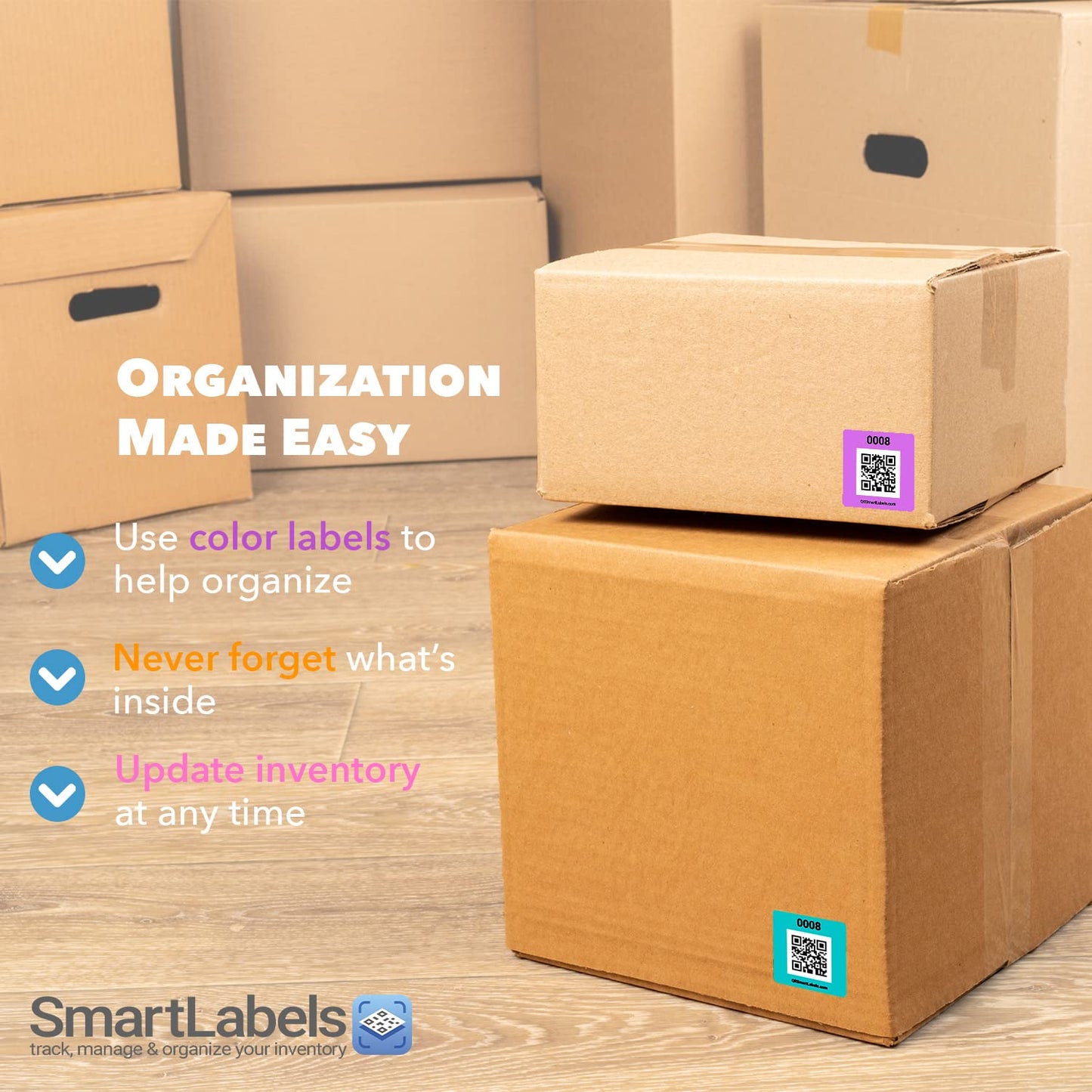 Smart Labels QR Code Stickers Pack of 48 (Modern) Made in USA - QR Code Labels for Storage & Inventory Tracking, Storage Unit Organization, App Stickers for Inventory Organization & Moving Supplies Modern