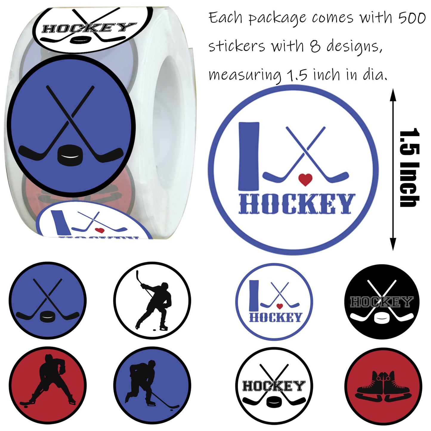 500 Pieces Hockey Labels Roll Stickers - Hockey Sport Party Supplies Decorations Favors Jar Containers Letter DIY Sticker Labels Decals